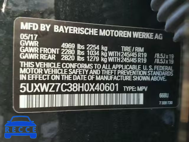 2017 BMW X3 5UXWZ7C38H0X40601 image 9
