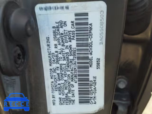 2003 TOYOTA CAMRY LE 4T1BE32K13U729921 image 9