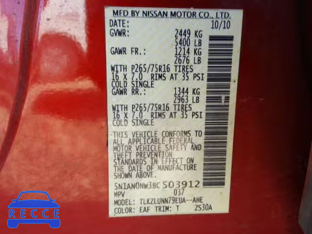 2011 NISSAN XTERRA 5N1AN0NW3BC503912 image 9