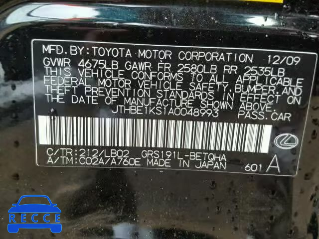 2010 LEXUS GS JTHBE1KS1A0048993 зображення 9