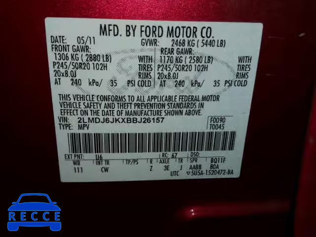 2011 LINCOLN MKX 2LMDJ6JKXBBJ26157 зображення 9