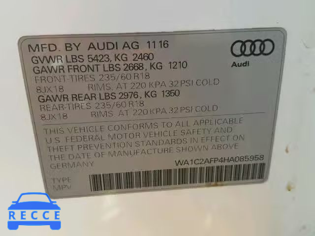 2017 AUDI Q5 WA1C2AFP4HA085958 зображення 9