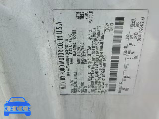 2006 MAZDA B2300 4F4YR12D86PM01950 image 9