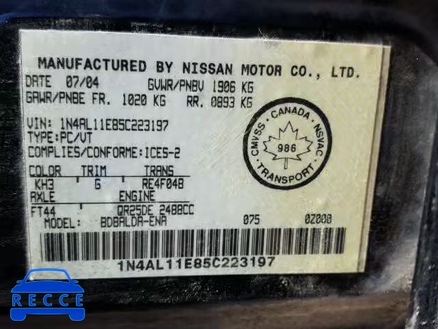 2005 NISSAN ALTIMA S 1N4AL11E85C223197 Bild 9