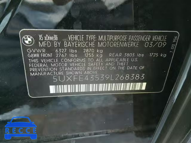 2009 BMW X5 5UXFE43539L268383 зображення 9