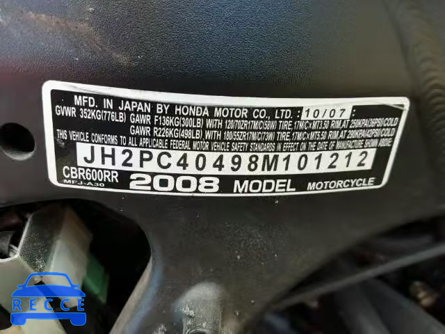 2008 HONDA CBR600 JH2PC40498M101212 зображення 9