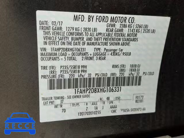 2017 FORD TAURUS 1FAHP2D8XHG106331 image 9