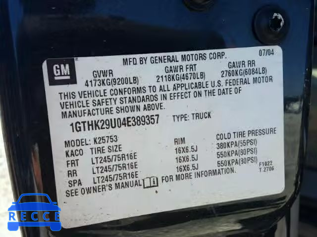 2004 GMC SIERRA 1GTHK29U04E389357 image 9
