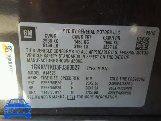 2015 GMC ACADIA DEN 1GKKVTKD3FJ360527 image 9