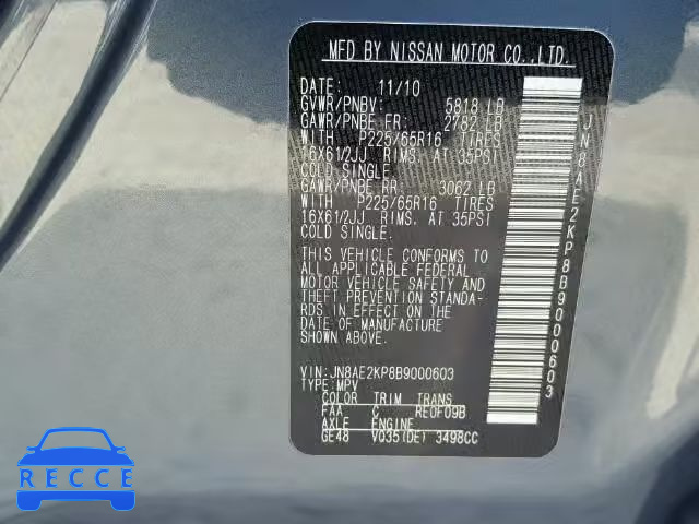 2011 NISSAN QUEST JN8AE2KP8B9000603 image 9