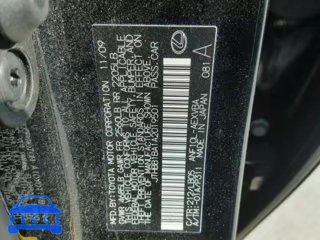 2010 LEXUS HS 250H JTHBB1BA1A2019501 Bild 9