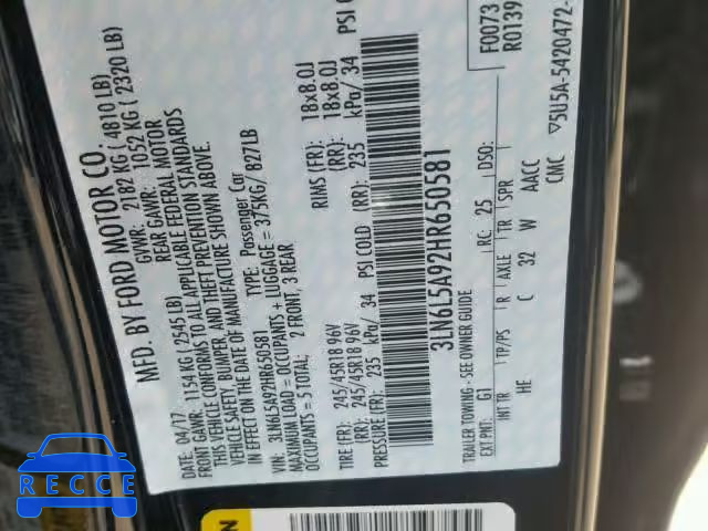 2017 LINCOLN MKZ 3LN6L5A92HR650581 image 9