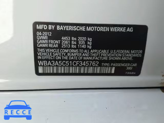 2012 BMW 328 WBA3A5C51CF345762 зображення 9
