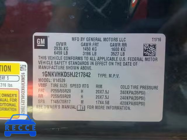 2017 CHEVROLET TRAVERSE 1GNKVHKD5HJ217842 Bild 9