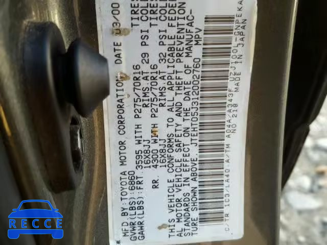 2001 TOYOTA LAND CRUIS JTEHT05J312002760 image 9