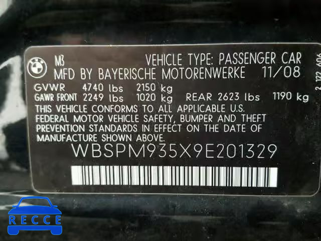 2009 BMW M3 WBSPM935X9E201329 зображення 9