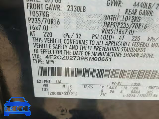 2009 MAZDA TRIBUTE 4F2CZ02739KM00651 Bild 9