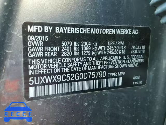 2016 BMW X3 5UXWX9C52G0D75790 зображення 9