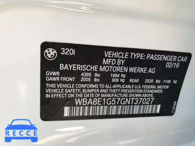 2016 BMW 320 WBA8E1G57GNT37027 image 9