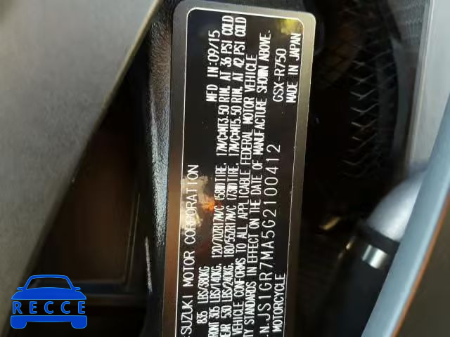 2016 SUZUKI GSX-R750 JS1GR7MA5G2100412 image 9