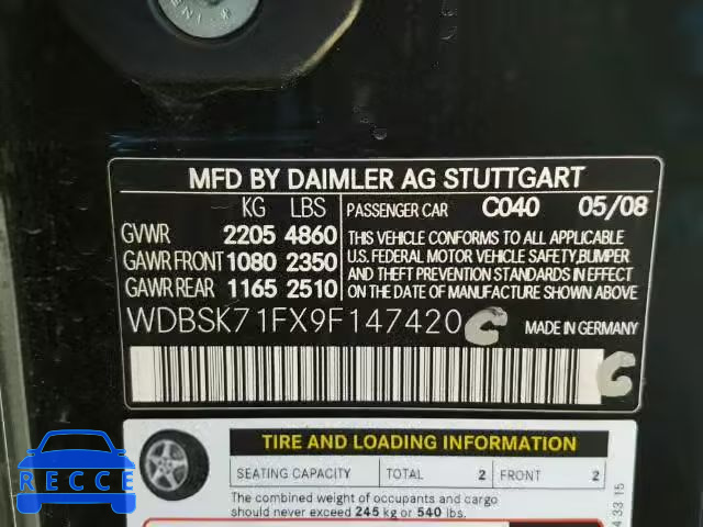 2009 MERCEDES-BENZ SL WDBSK71FX9F147420 image 9