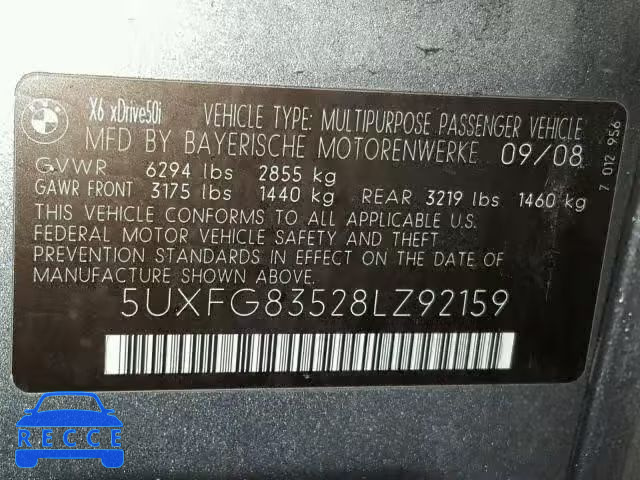 2008 BMW X6 5UXFG83528LZ92159 image 9