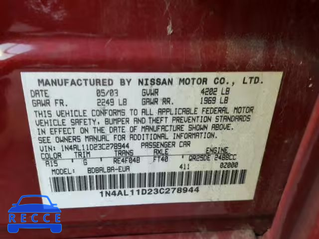 2003 NISSAN ALTIMA BAS 1N4AL11D23C278944 image 9