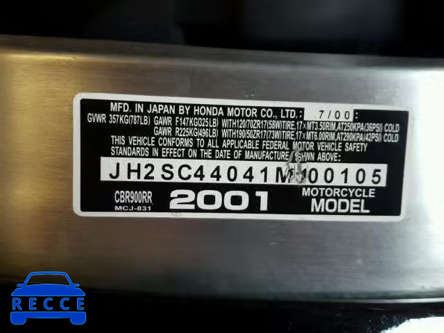 2001 HONDA CBR900 JH2SC44041M100105 image 9
