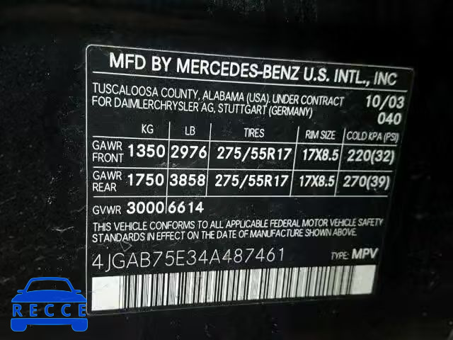 2004 MERCEDES-BENZ ML 500 4JGAB75E34A487461 зображення 9