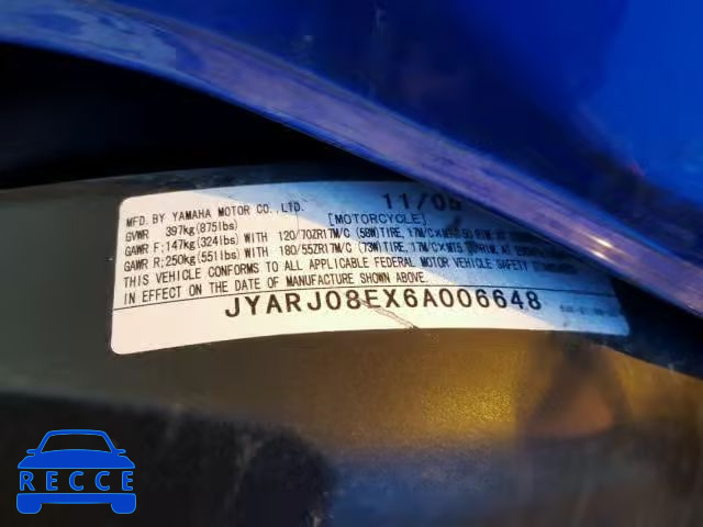 2006 YAMAHA FZ6 JYARJ08EX6A006648 зображення 9