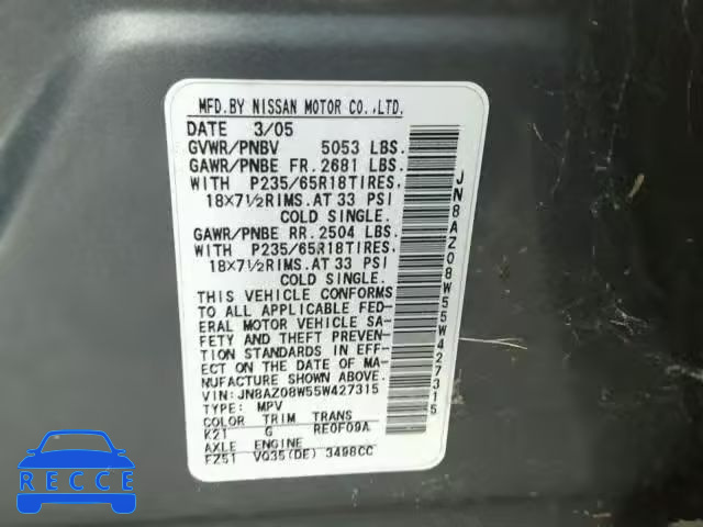 2005 NISSAN MURANO SL JN8AZ08W55W427315 image 9