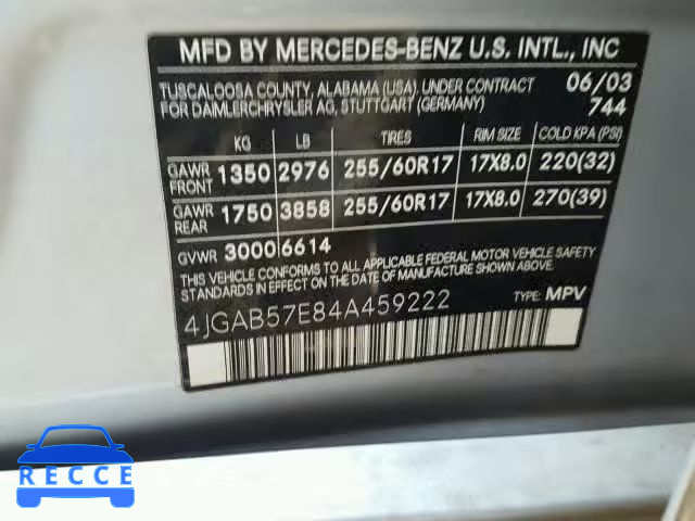 2004 MERCEDES-BENZ ML 350 4JGAB57E84A459222 зображення 9