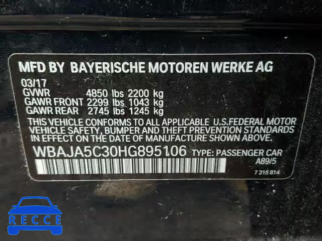 2017 BMW 530 WBAJA5C30HG895106 зображення 9