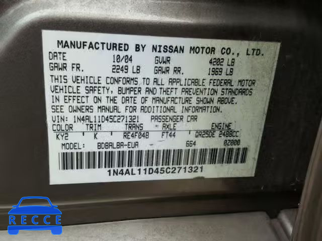 2005 NISSAN ALTIMA S 1N4AL11D45C271321 Bild 9