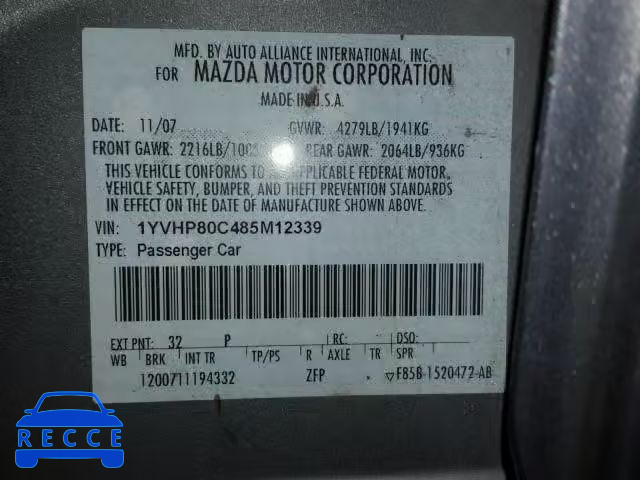 2008 MAZDA 6 I 1YVHP80C485M12339 image 9