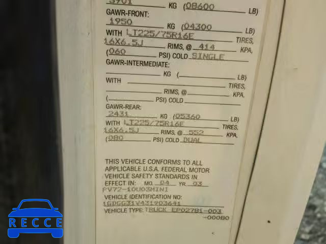 2003 GMC SAVANA 1GDGG31V431903641 image 9
