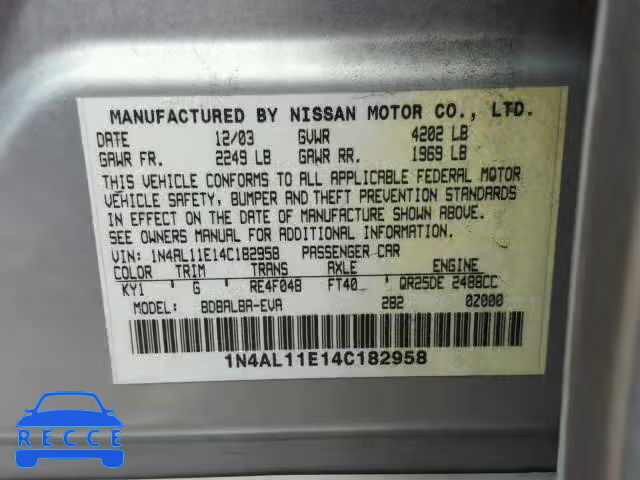 2004 NISSAN ALTIMA BAS 1N4AL11E14C182958 зображення 9