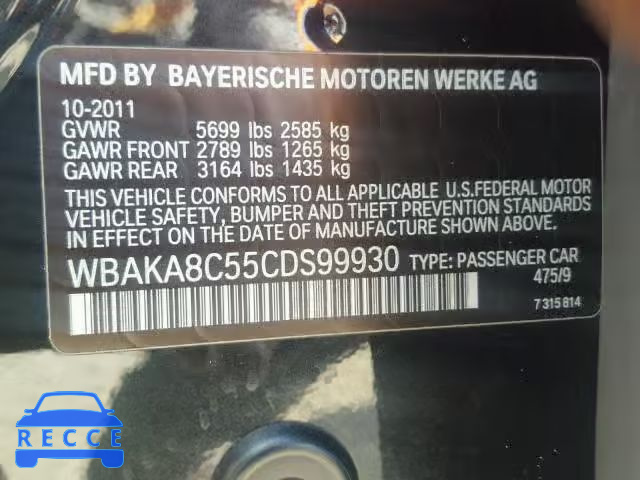 2012 BMW 750I WBAKA8C55CDS99930 image 9