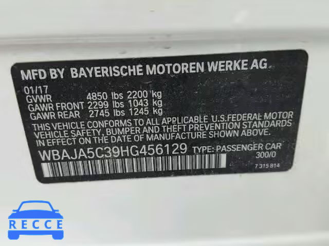2017 BMW 530 WBAJA5C39HG456129 зображення 9