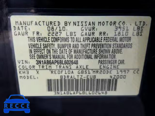 2011 NISSAN SENTRA 2.0 3N1AB6AP6BL602648 Bild 9