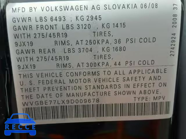 2009 VOLKSWAGEN TOUAREG 2 WVGBE77LX9D009678 image 9