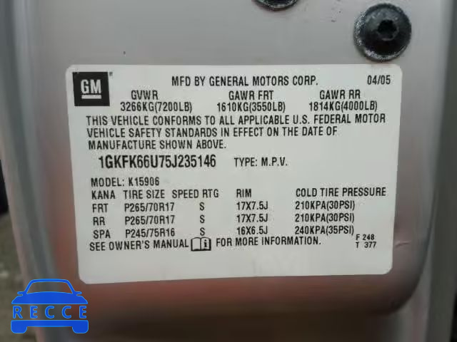 2005 GMC YUKON XL D 1GKFK66U75J235146 image 9