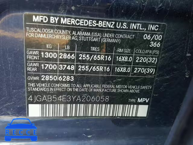 2000 MERCEDES-BENZ ML 320 4JGAB54E3YA206058 зображення 9