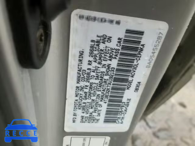 2003 TOYOTA CAMRY LE 4T1BE32K73U192133 зображення 9