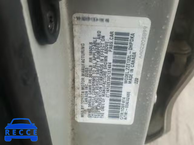 2003 TOYOTA COROLLA MA 2T1KR32E33C137484 зображення 9