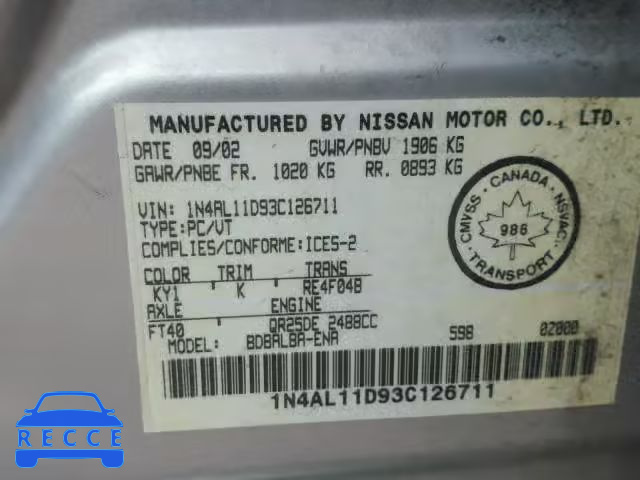 2003 NISSAN ALTIMA BAS 1N4AL11D93C126711 Bild 9