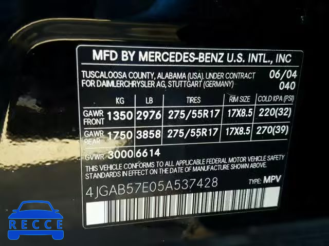 2005 MERCEDES-BENZ ML 350 4JGAB57E05A537428 зображення 9