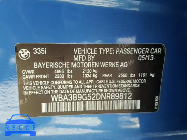 2013 BMW 335 WBA3B9G52DNR89812 зображення 9