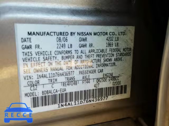 2006 NISSAN ALTIMA S 1N4AL11D76N436977 зображення 9