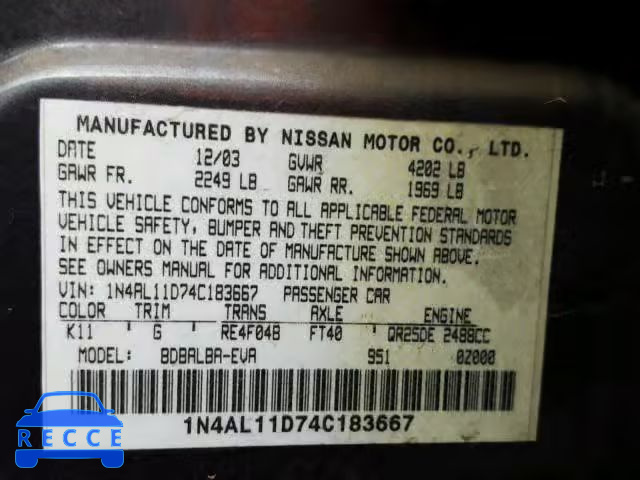 2004 NISSAN ALTIMA BAS 1N4AL11D74C183667 Bild 9